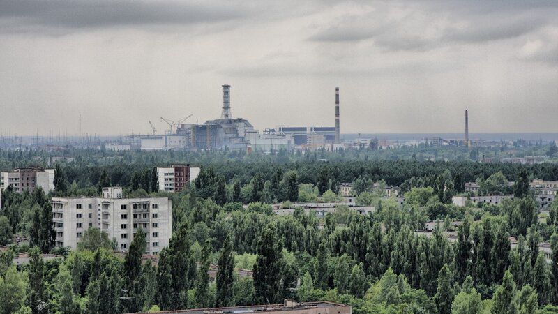 Chernobyl Nuclear Plant — Green, Dramatic, Photograph, Abandoned Buildings, Forest, Chimneys