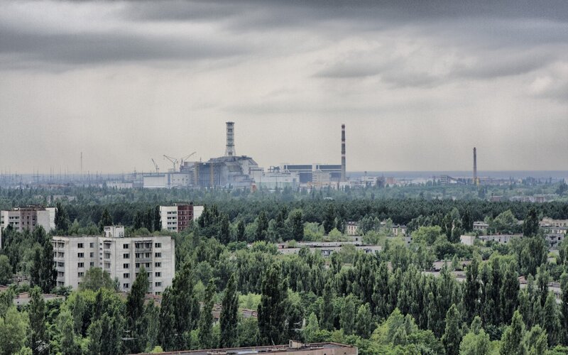 Chernobyl Nuclear Plant — Green, Dramatic, Photograph, Abandoned Buildings, Forest, Smokestacks