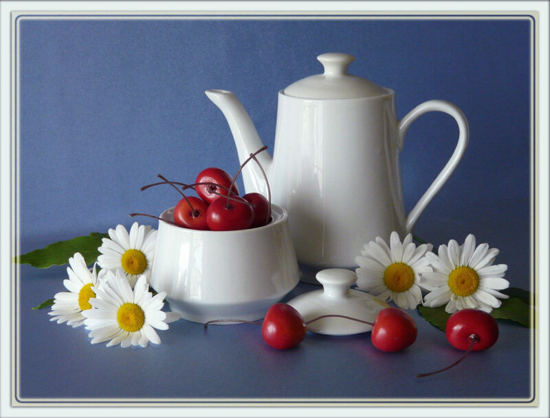 Cherries and daisies with teapot