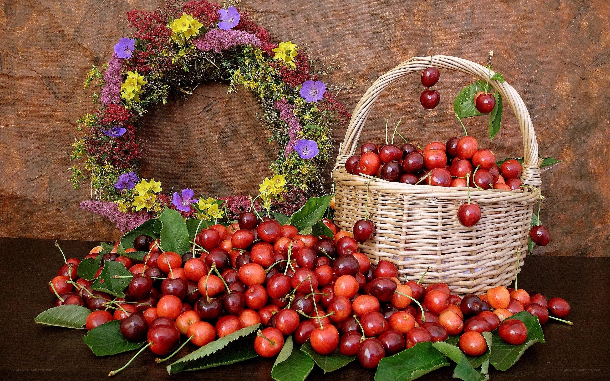 Cherries and flower wreath