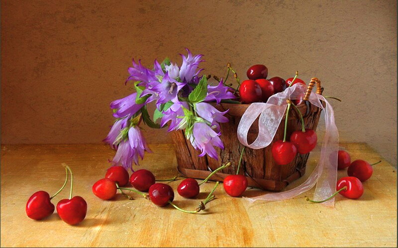 Cherries and Flowers in Basket — Red