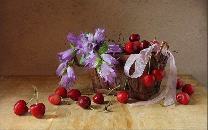 Cherries and Flowers in Basket