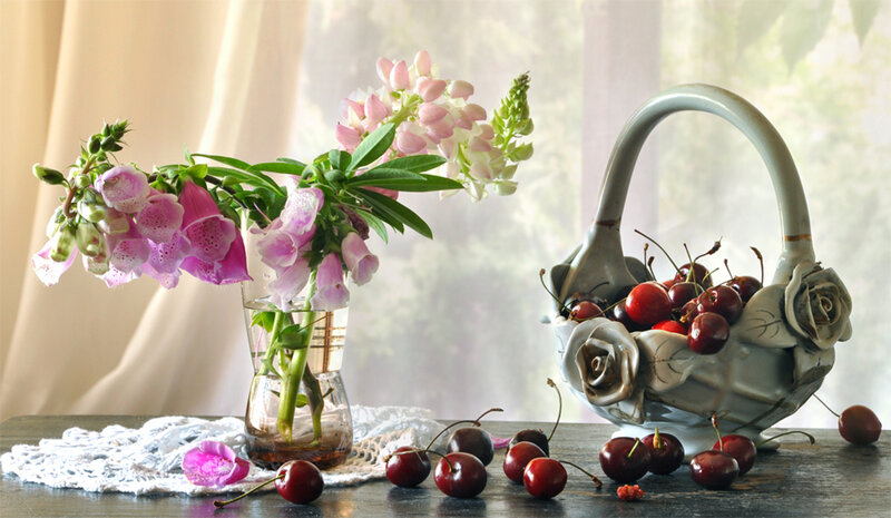 Cherries and Flowers in Vase — Pink