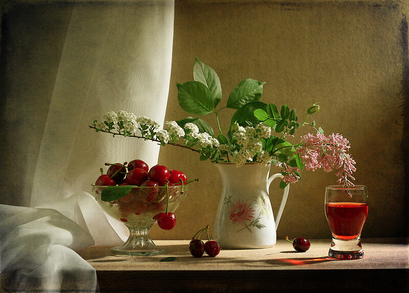 Cherries and Flowers in Vase — Red