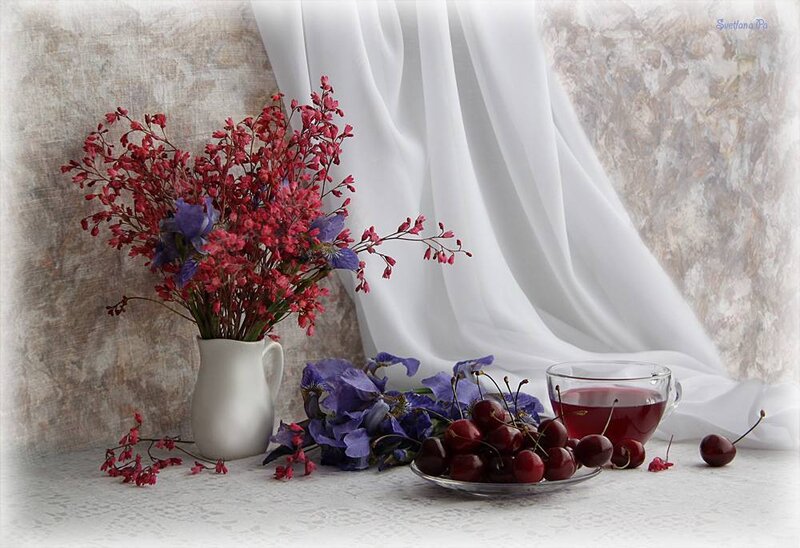 Cherries and Flowers in Vase