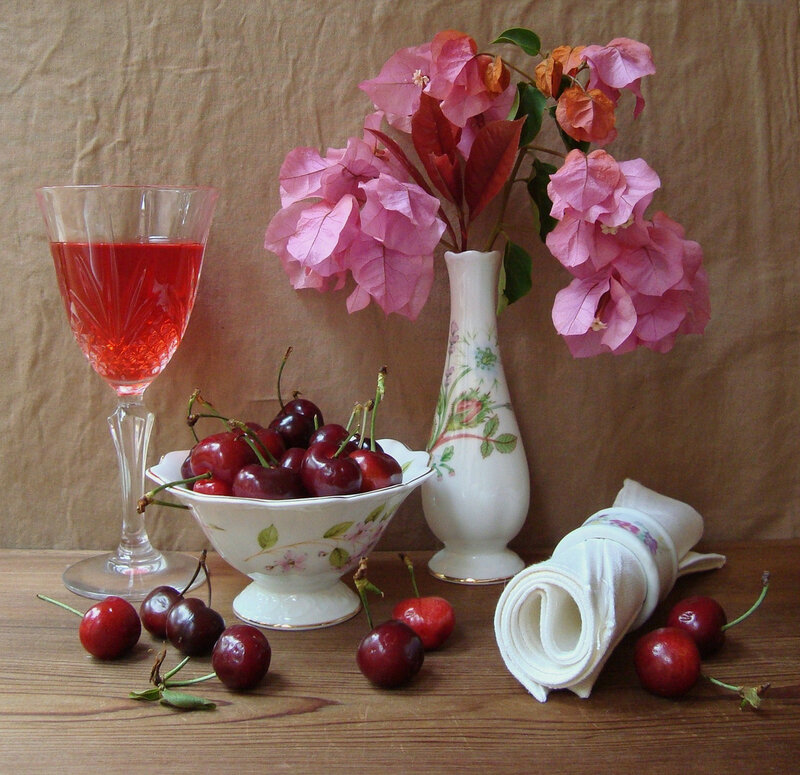 Cherries and Flowers on Table