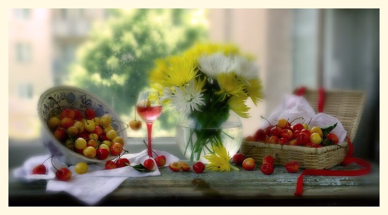 Cherries and Flowers on Windowsill