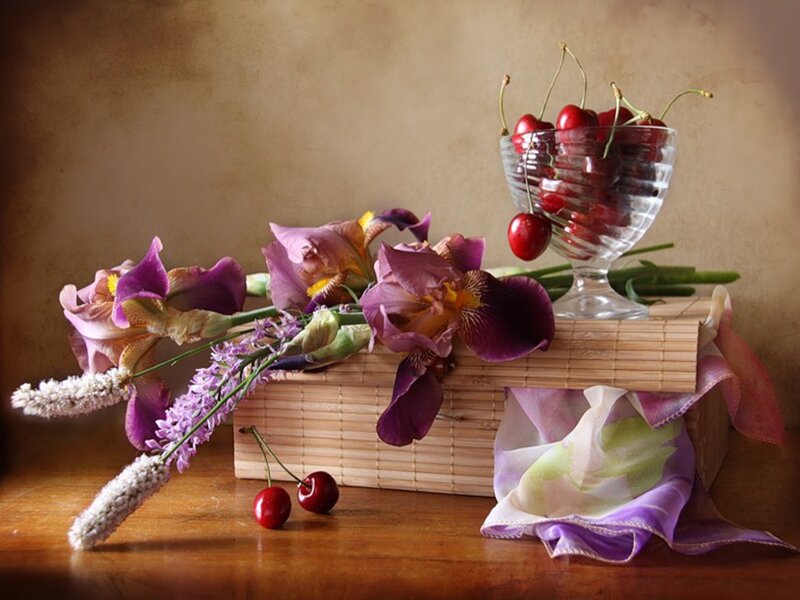 Cherries and Irises in Glass