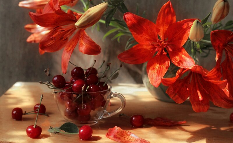 Cherries and Lilies — Red