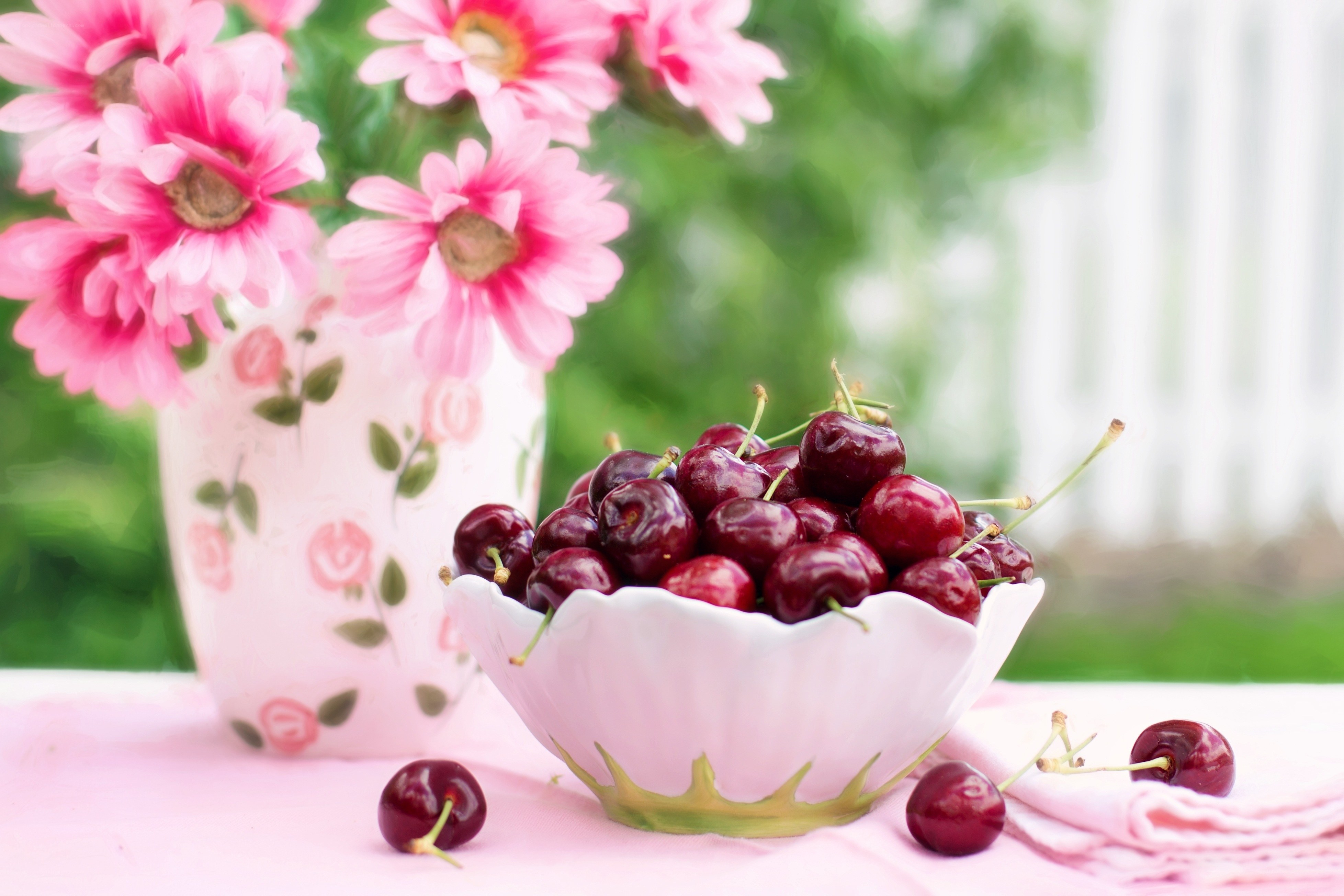 Cherries and pink flowers