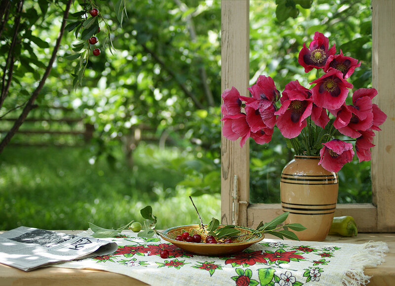 Cherries and Poppies on Table