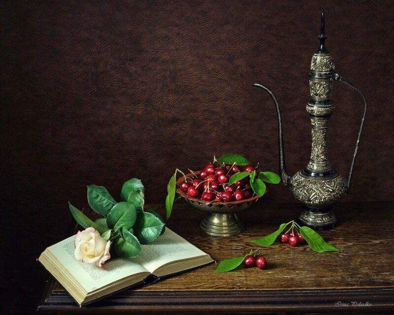 Cherries and Rose on Book