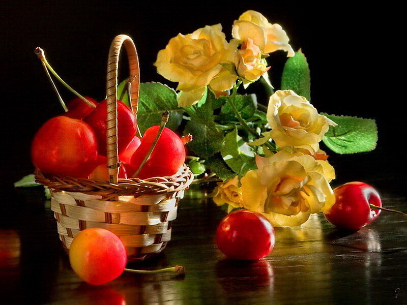 Cherries and Roses in Basket