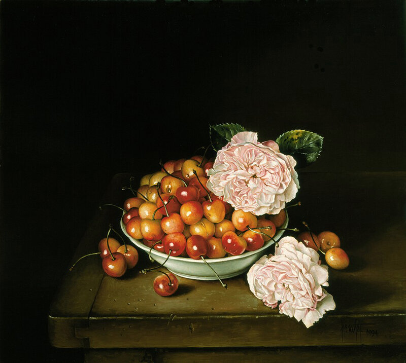 Cherries and Roses in Bowl