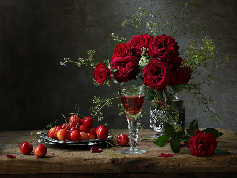 Cherries and Roses on Table