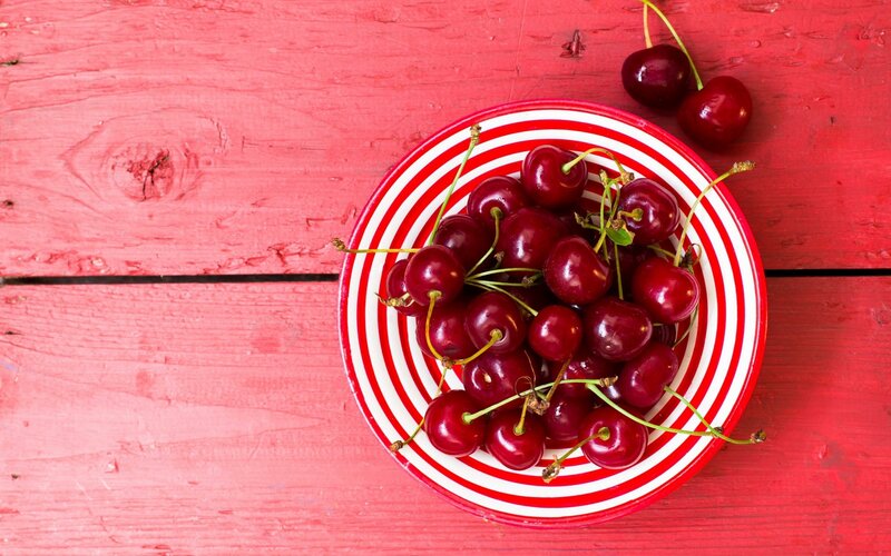 Cherries in a Bowl — Red, Calm, Photograph, Wooden Surface