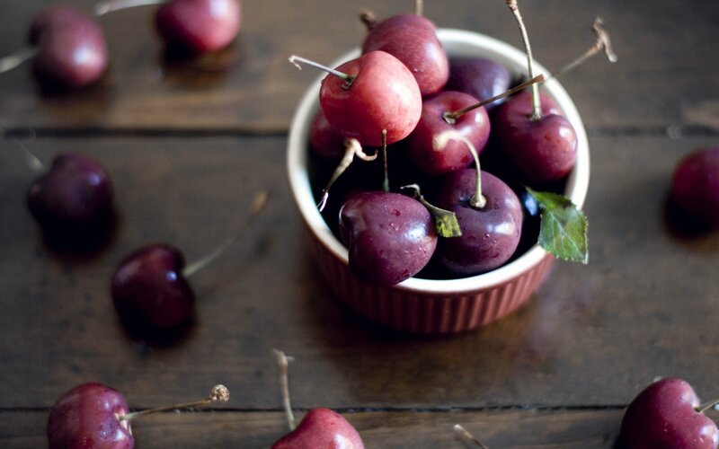 Cherries in a Bowl — Red, Calm, Photograph, Wooden Table