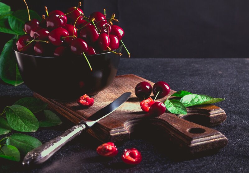 Cherries in a Bowl — Red, Dramatic, Photograph