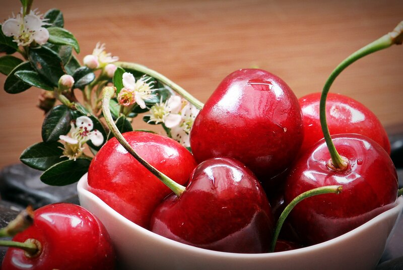 Cherries in a Bowl — Red, Natural, Photograph, Flowers