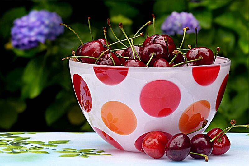 Cherries in a polka-dot bowl