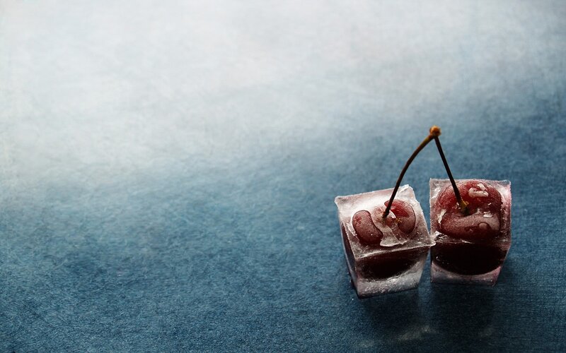 Cherries in Ice Cubes — Blue, Calm, Photograph, Ice Cubes, Cherry Stems, Blue Surface, White