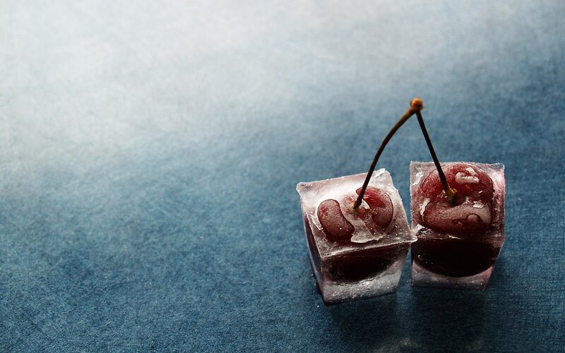 Cherries in Ice Cubes — Blue, Calm, Photograph