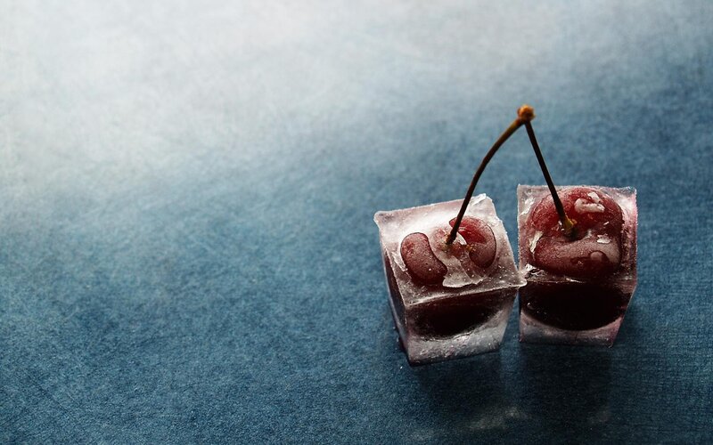 Cherries in Ice Cubes — Blue, Cool, Photograph