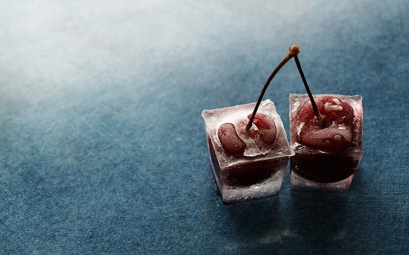 Cherries in Ice Cubes — Blue, Dramatic, Photograph, Ice Cubes
