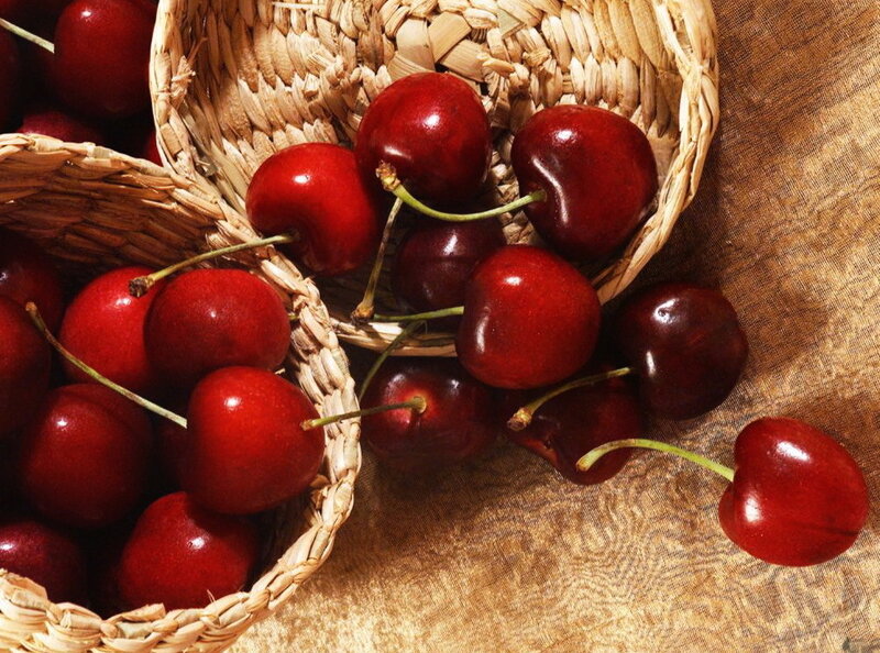 Cherries in woven baskets