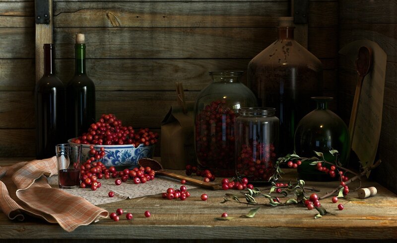 Cherries on Wooden Table — Red