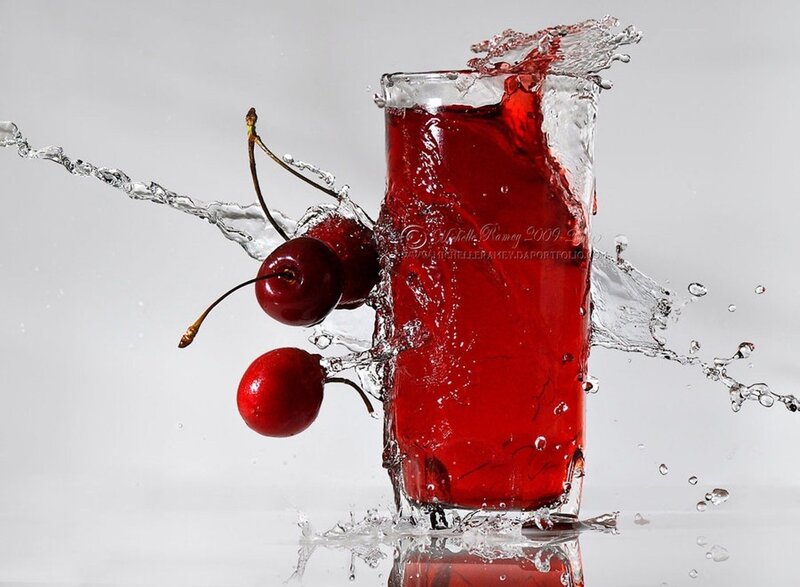 Cherries Splashing in Juice — Red