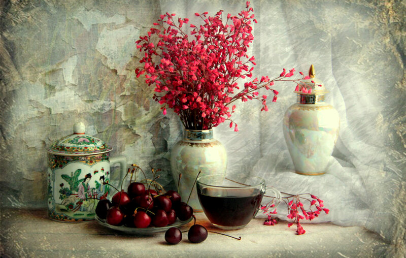 Cherry and flower still life