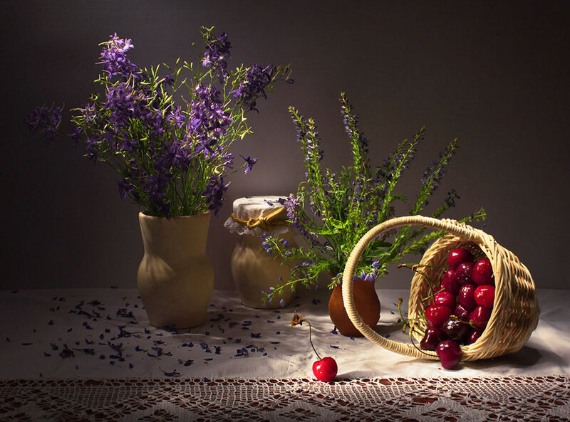 Cherry Basket with Flowers — Purple