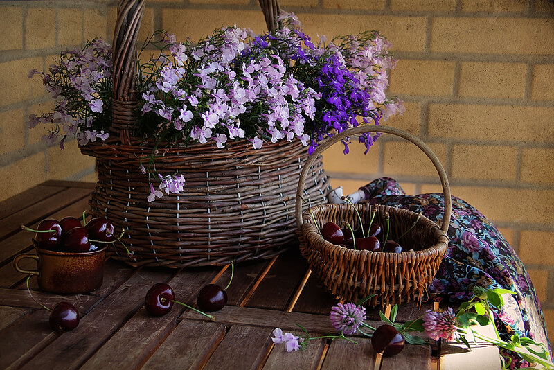 Cherry Basket with Flowers