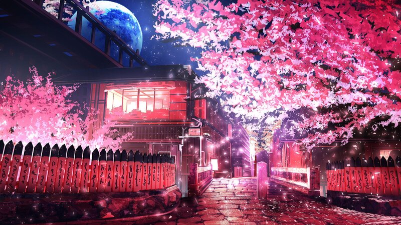 Cherry Blossom Alley — Pink, Serene, Night