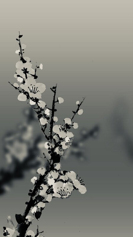 Cherry Blossom Branch — Black, Serene, Spring, Painting