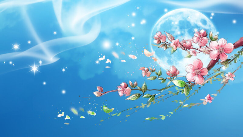 Cherry Blossom Branch — Blue, Serene, Night, Digital Art