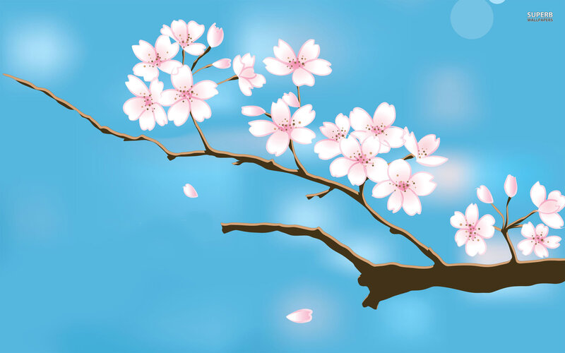 Cherry Blossom Branch — Blue, Serene, Spring, Digital Art