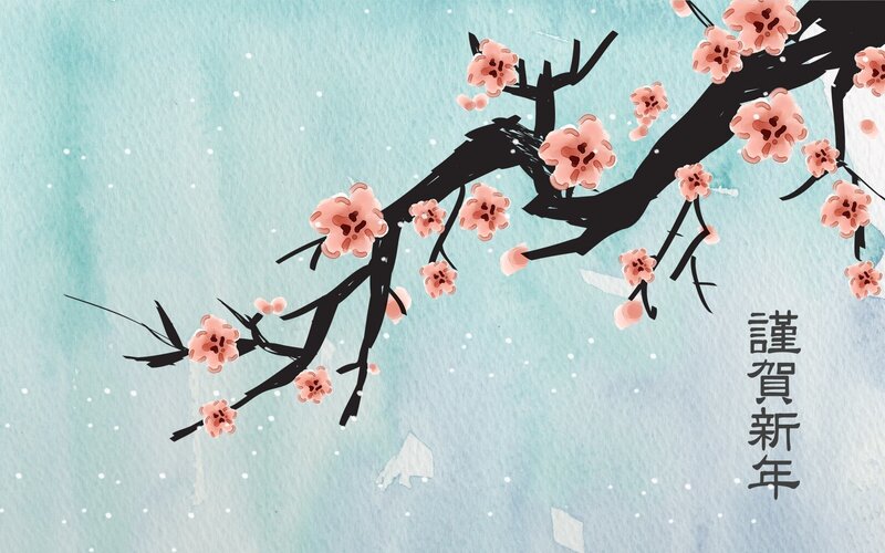 Cherry Blossom Branch — Blue, Serene, Winter, Illustration