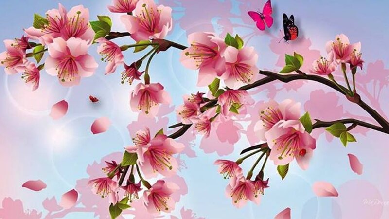 Cherry Blossom Branch — Pink, Serene, Spring, Digital Art, Butterflies, Petals
