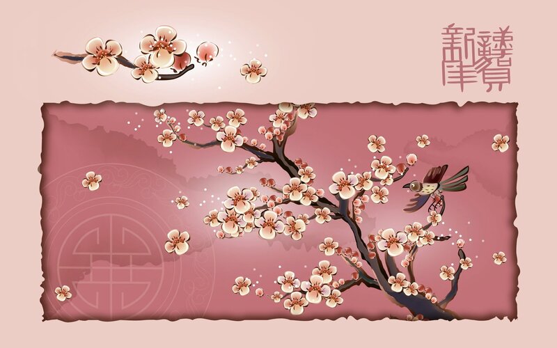 Cherry Blossom Branch — Pink, Serene, Spring, Illustration, Bird, Flowers