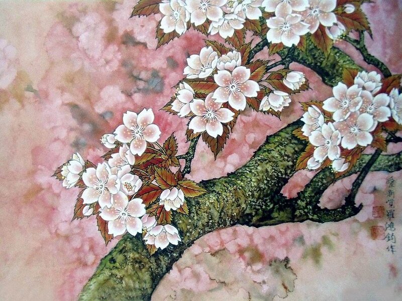 Cherry Blossom Branch — Pink, Serene, Spring, Painting