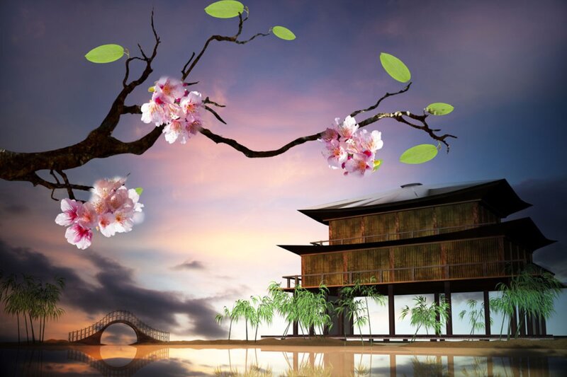 Cherry Blossom Branch — Purple, Serene, Sunset, Digital Art