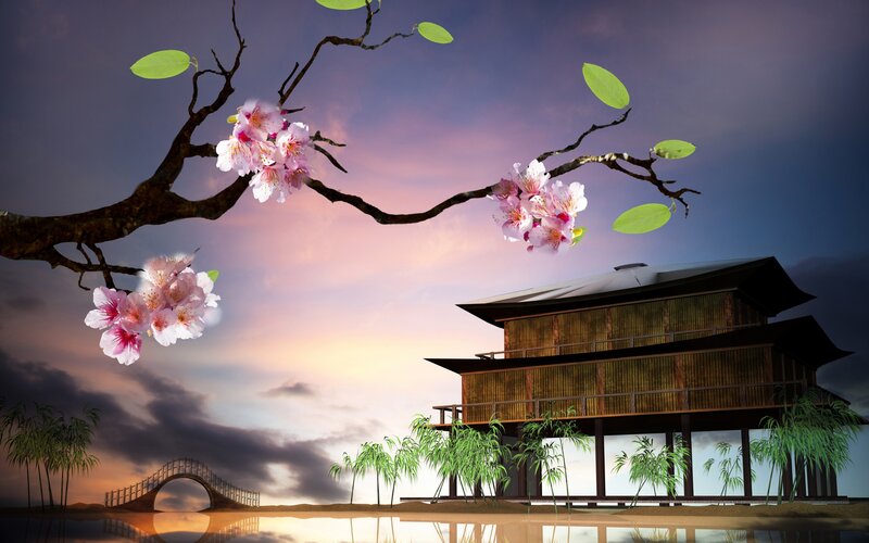 Cherry Blossom Branch — Purple, Serene, Sunset