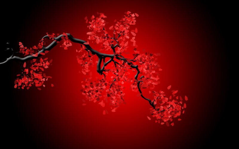 Cherry Blossom Branch — Red, Dramatic, Digital Art