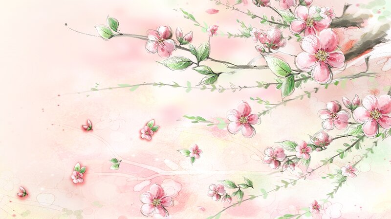 Cherry Blossom Branches — Pink, Serene, Spring, Illustration, Flowers, Leaves