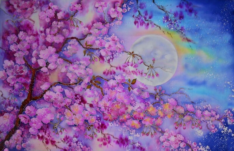 Cherry Blossom Branches — Purple, Serene, Night, Painting