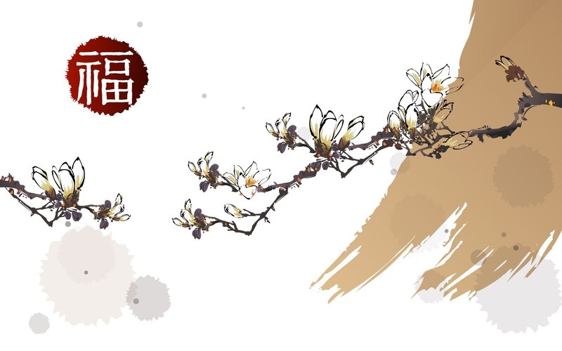 Cherry Blossom Branches — White, Serene, Spring, Illustration
