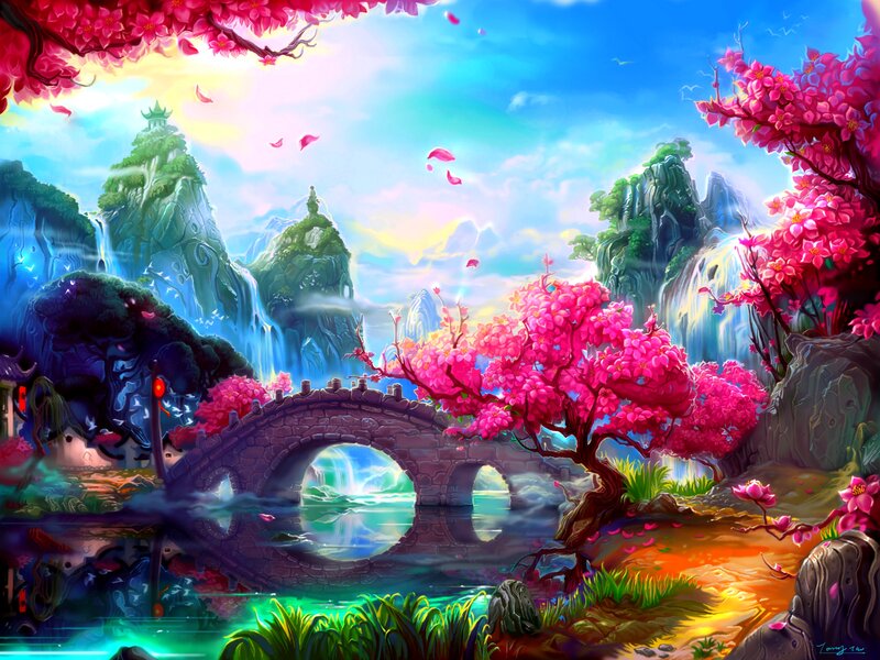 Cherry Blossom Bridge — Pink, Serene, Spring, Digital Art