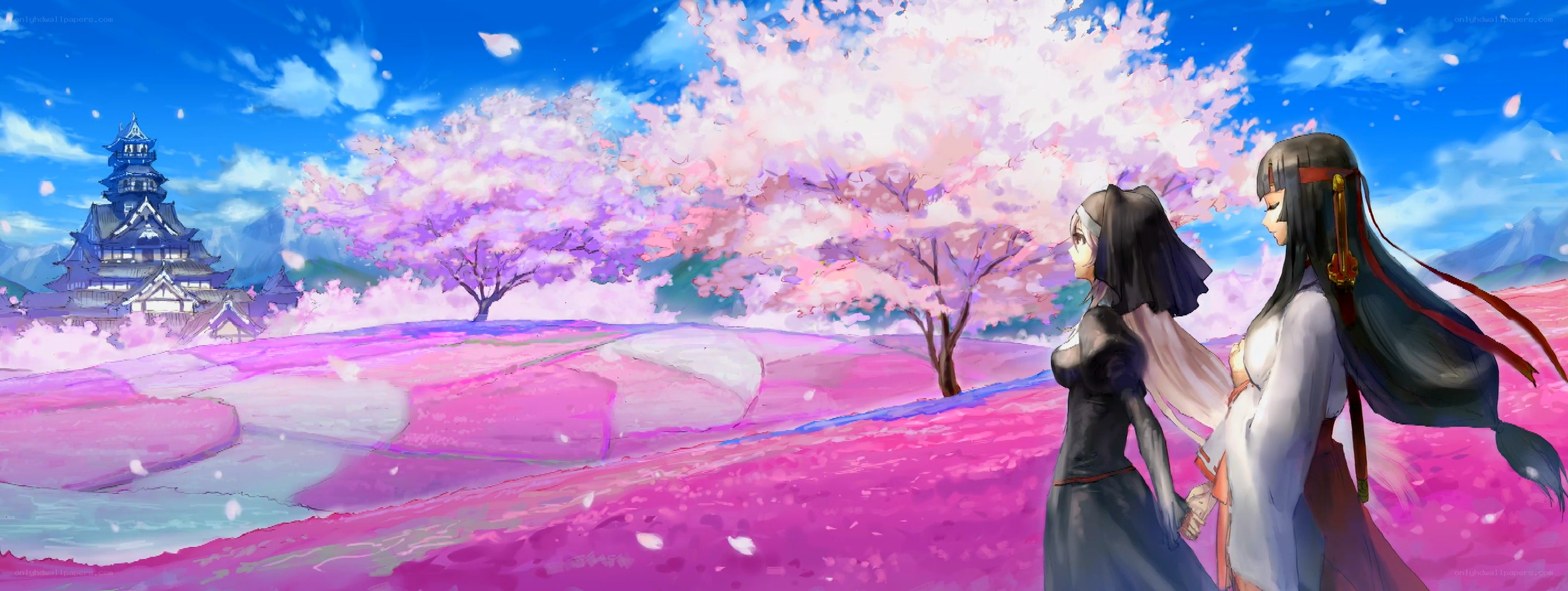 Cherry blossom field with castle